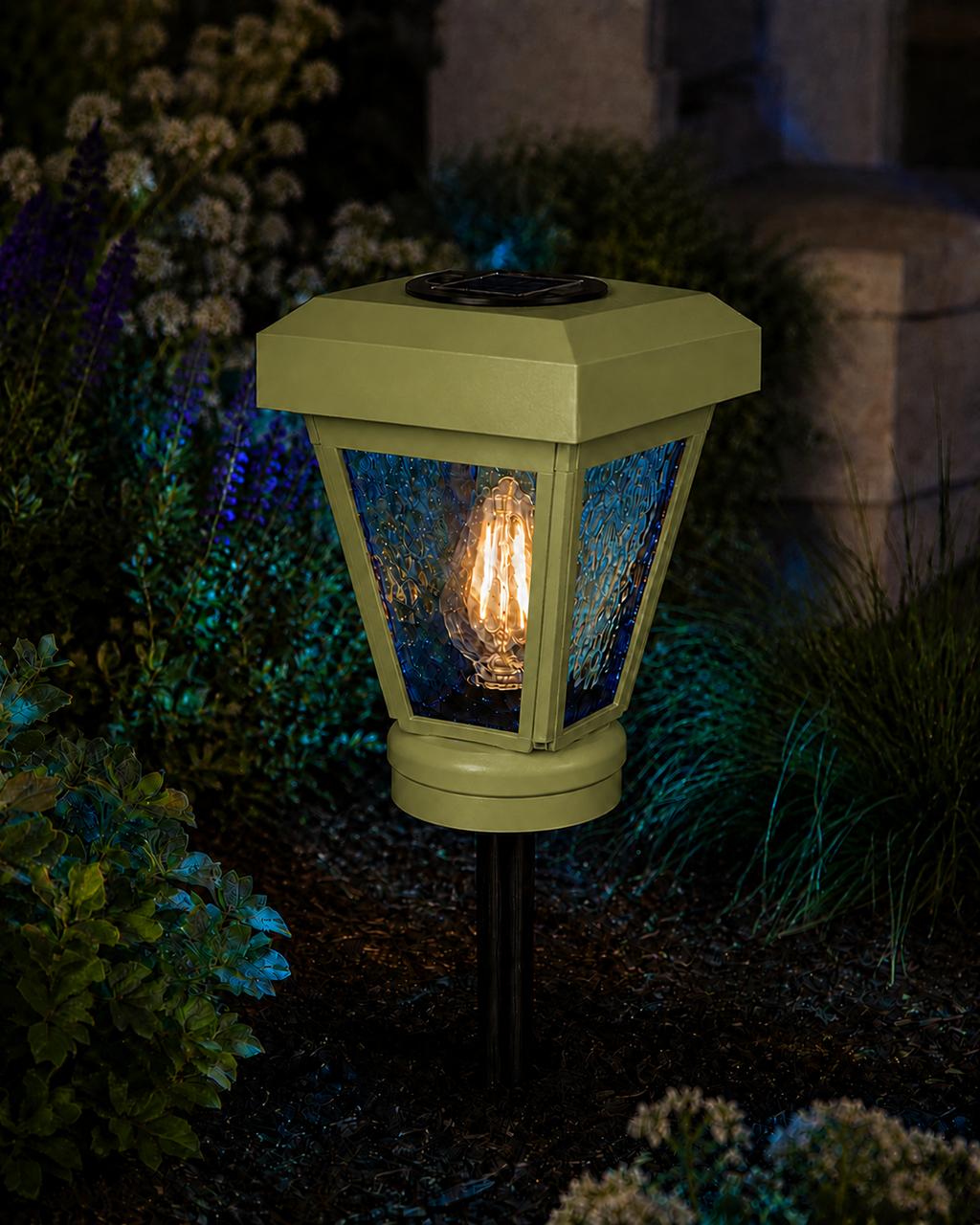 Lantern with Blue Textured Glass Small Edison Bulb Solar Landscape Light – Natural Green
