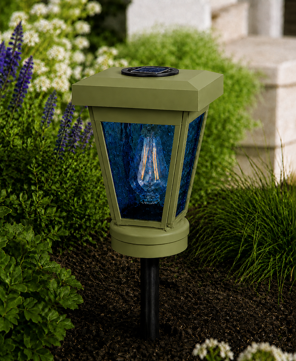 Lantern with Blue Textured Glass Small Edison Bulb Solar Landscape Light – Natural Green