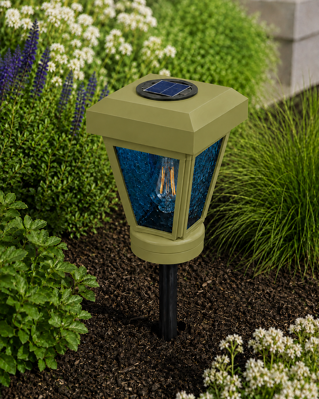 Lantern with Blue Textured Glass Small Edison Bulb Solar Landscape Light – Natural Green