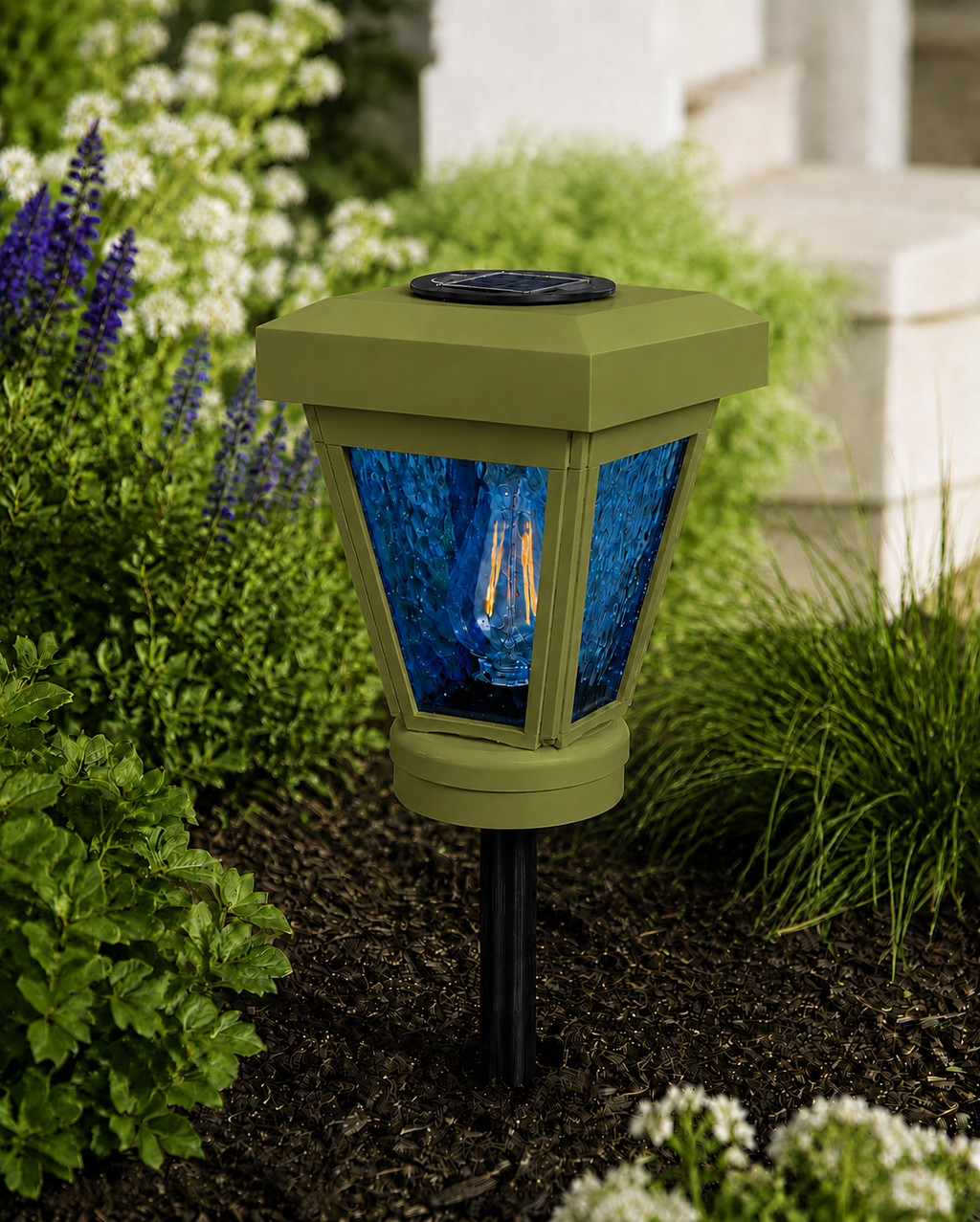 Lantern with Blue Textured Glass Small Edison Bulb Solar Landscape Light – Natural Green