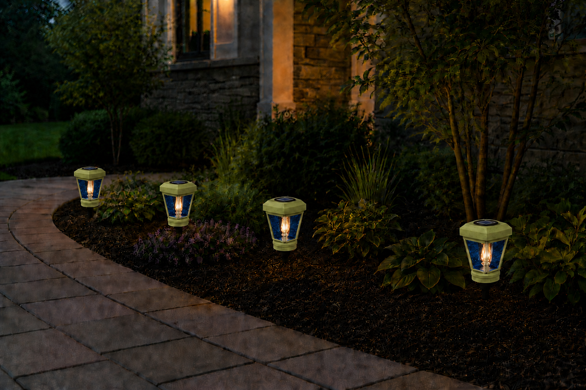 Lantern with Blue Textured Glass Small Edison Bulb Solar Landscape Light – Natural Green