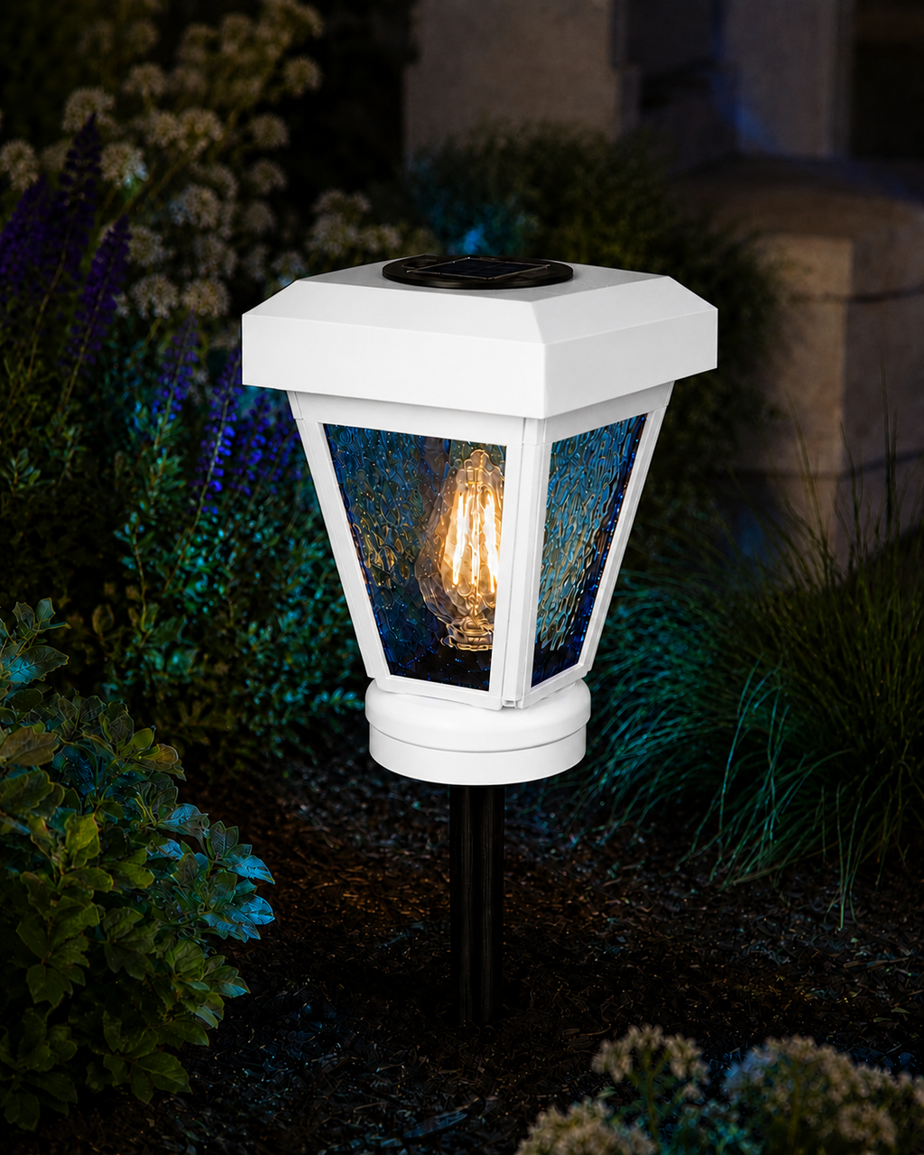 Lantern with Blue Textured Glass Small Edison Bulb Solar Landscape Light – White