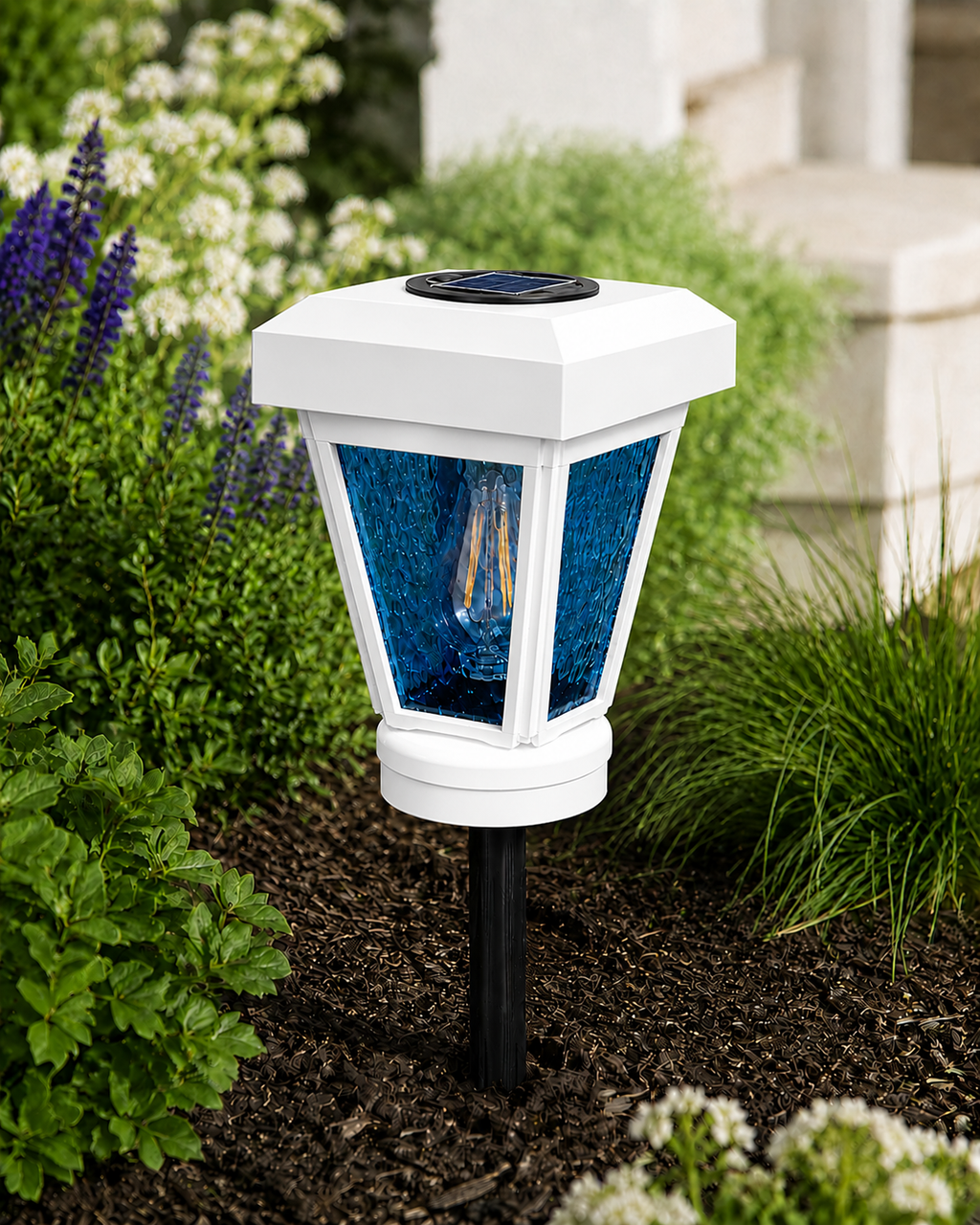 Lantern with Blue Textured Glass Small Edison Bulb Solar Landscape Light – White