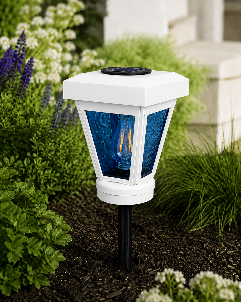 Lantern with Blue Textured Glass Small Edison Bulb Solar Landscape Light – White