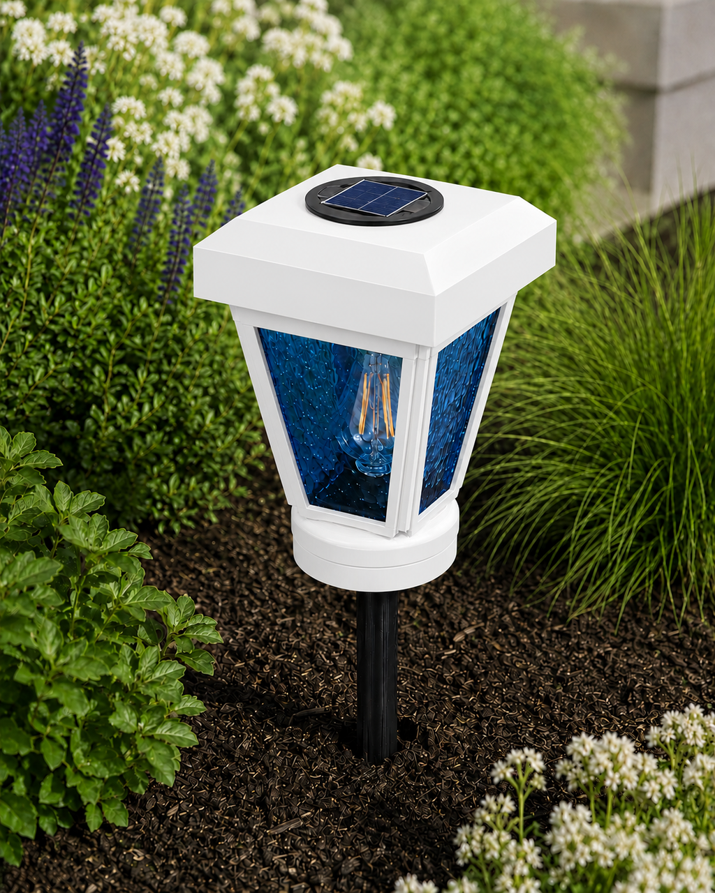 Lantern with Blue Textured Glass Small Edison Bulb Solar Landscape Light – White