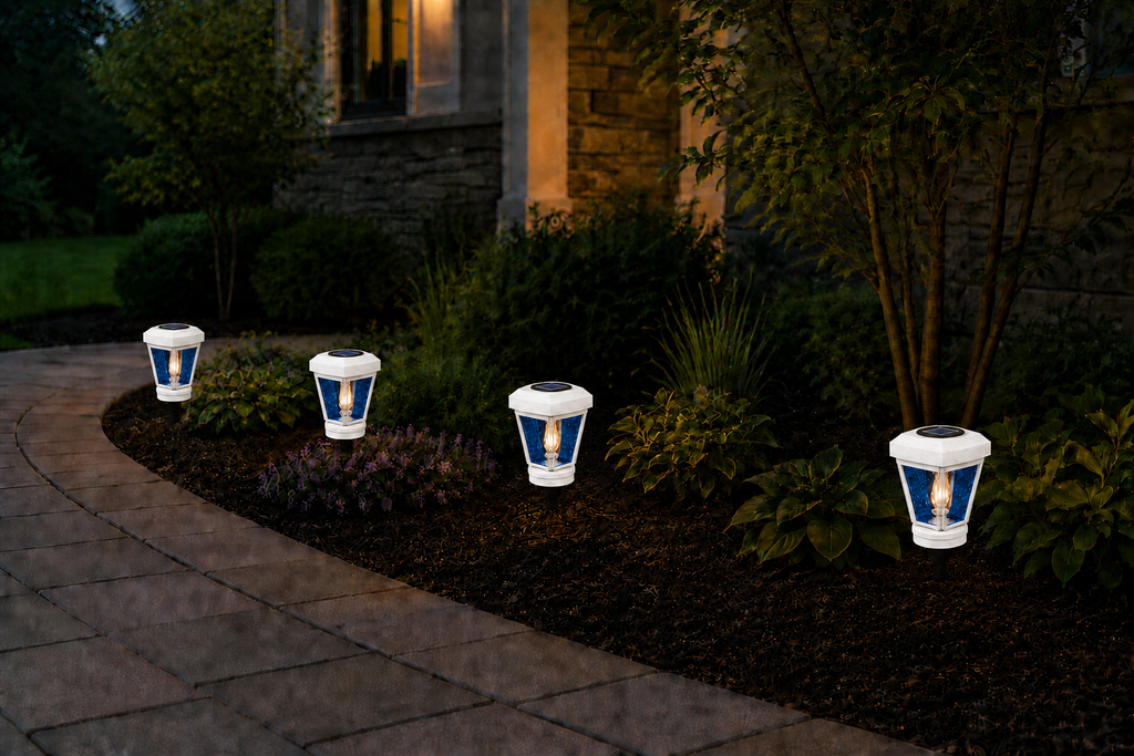 Lantern with Blue Textured Glass Small Edison Bulb Solar Landscape Light – White