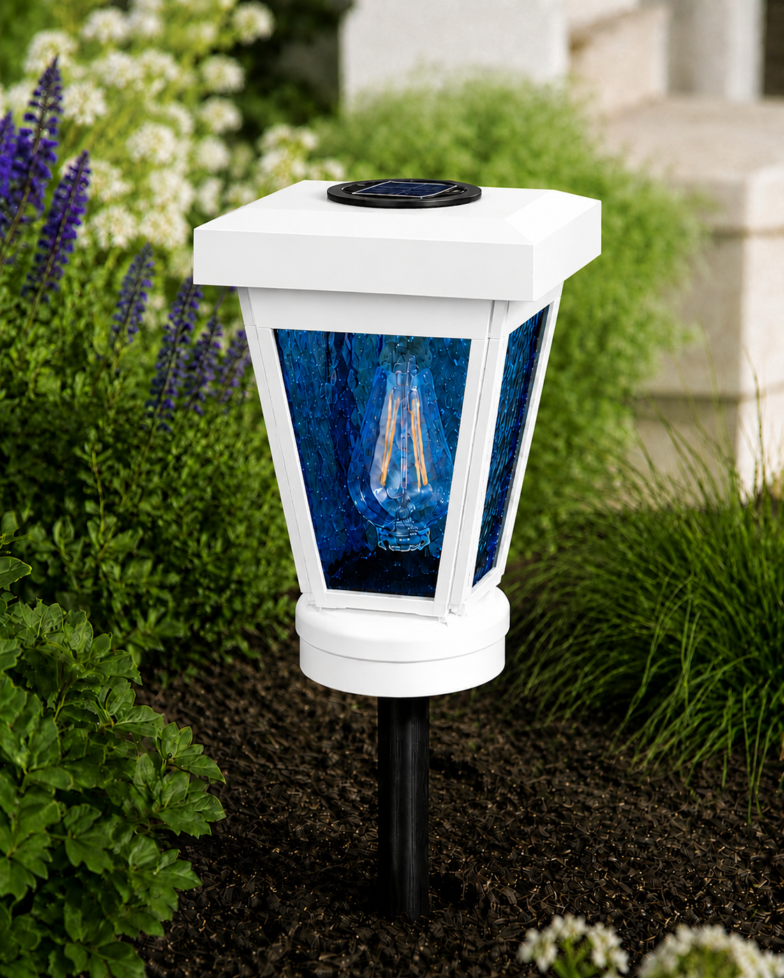 Lantern with Blue Textured Glass Small Edison Bulb Solar Landscape Light – White