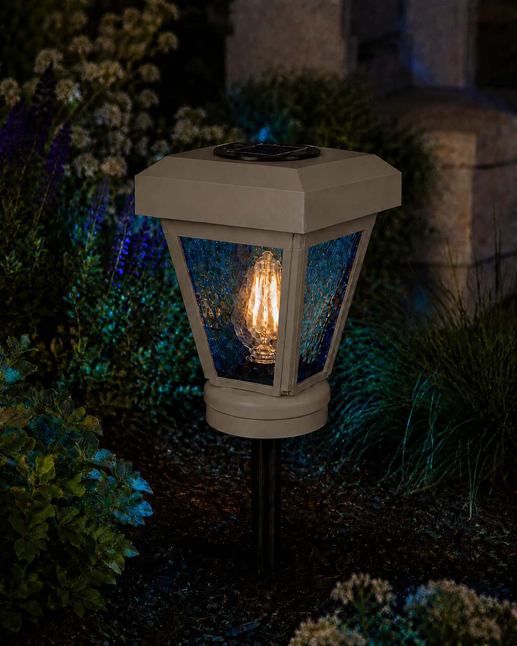 Lantern with Blue Textured Glass Small Edison Bulb Solar Landscape Light – Olive Brown