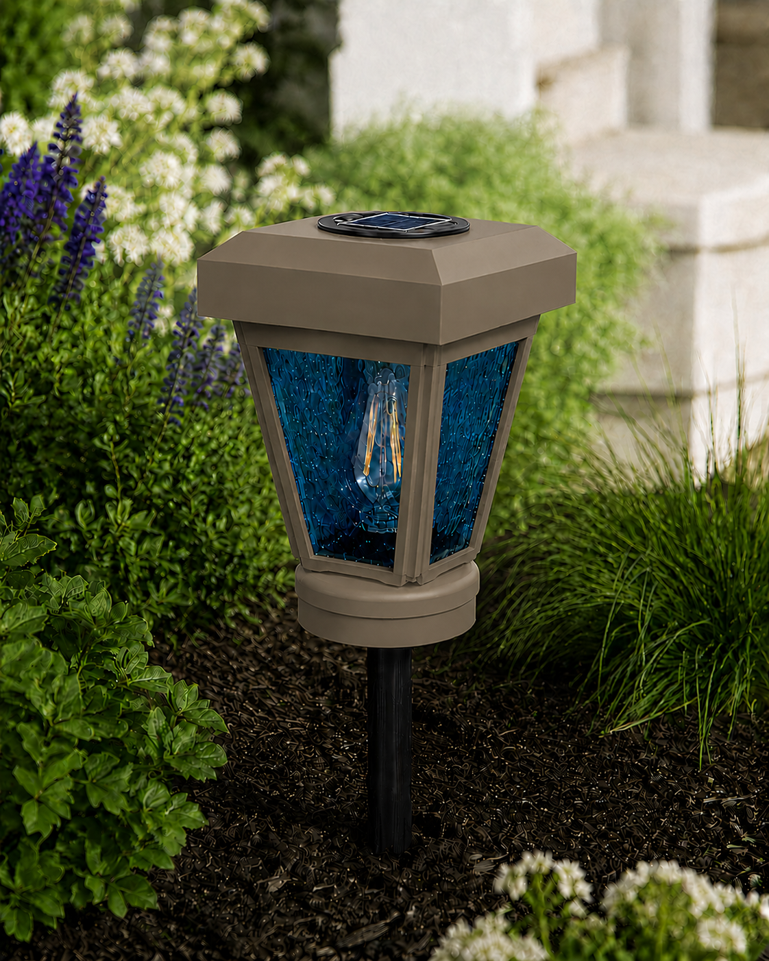 Lantern with Blue Textured Glass Small Edison Bulb Solar Landscape Light – Olive Brown