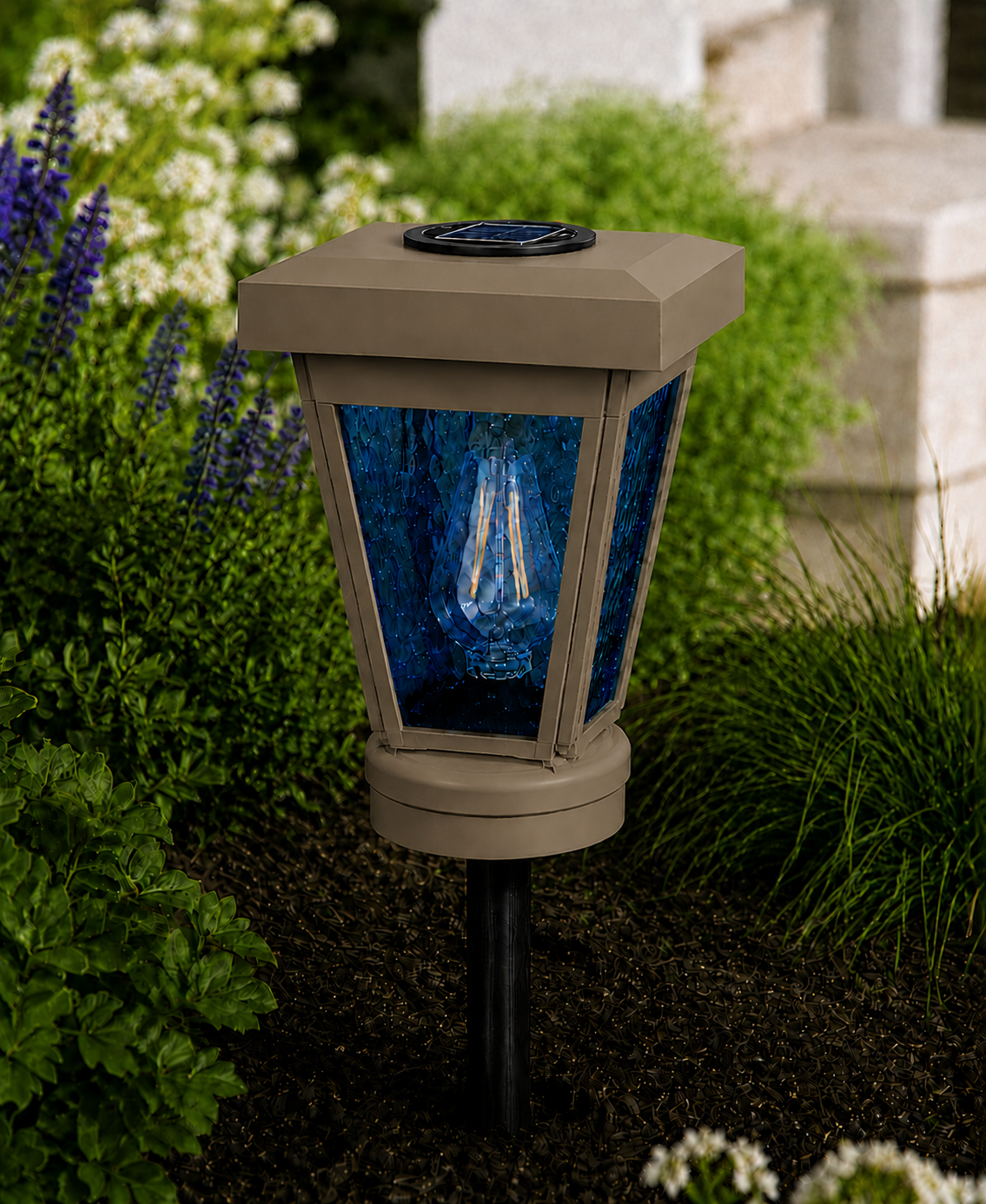 Lantern with Blue Textured Glass Small Edison Bulb Solar Landscape Light – Olive Brown