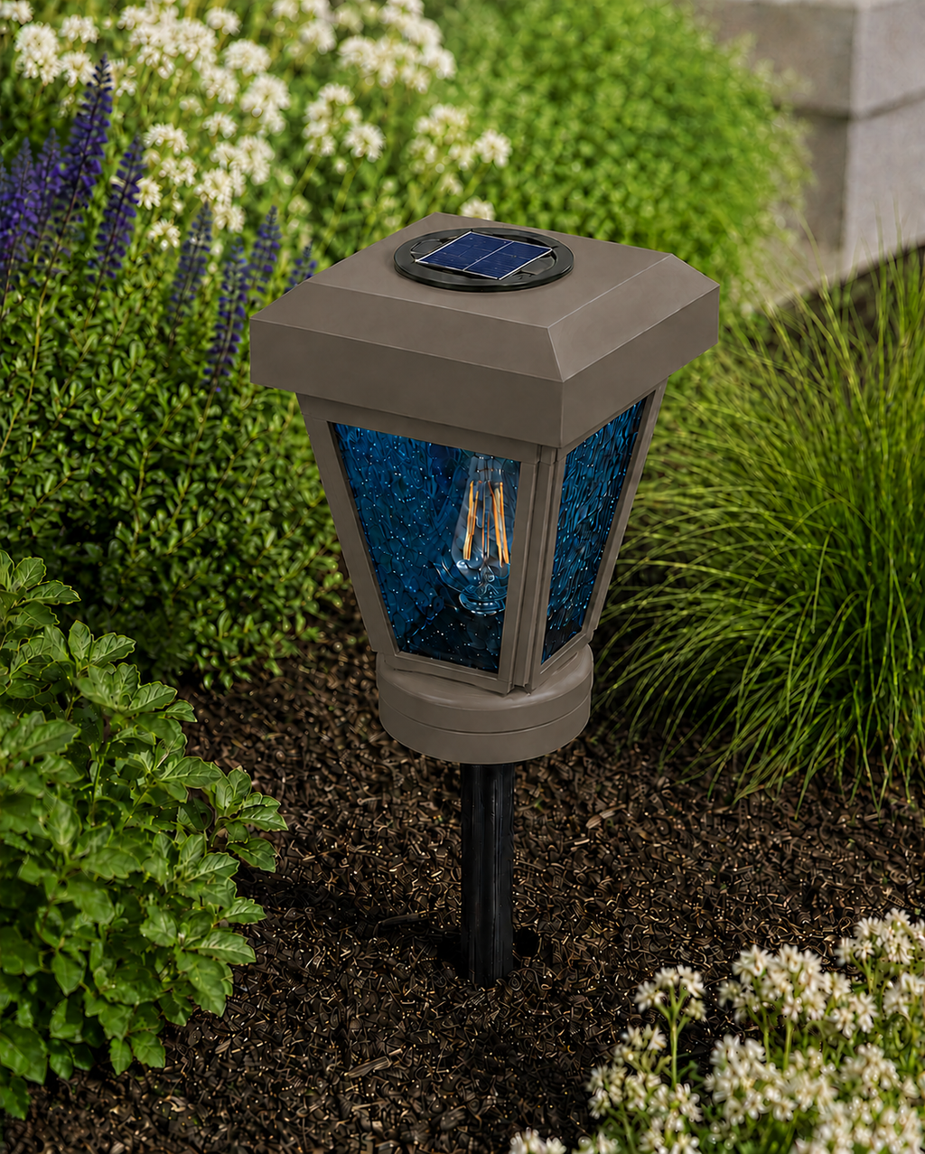 Lantern with Blue Textured Glass Small Edison Bulb Solar Landscape Light – Olive Brown