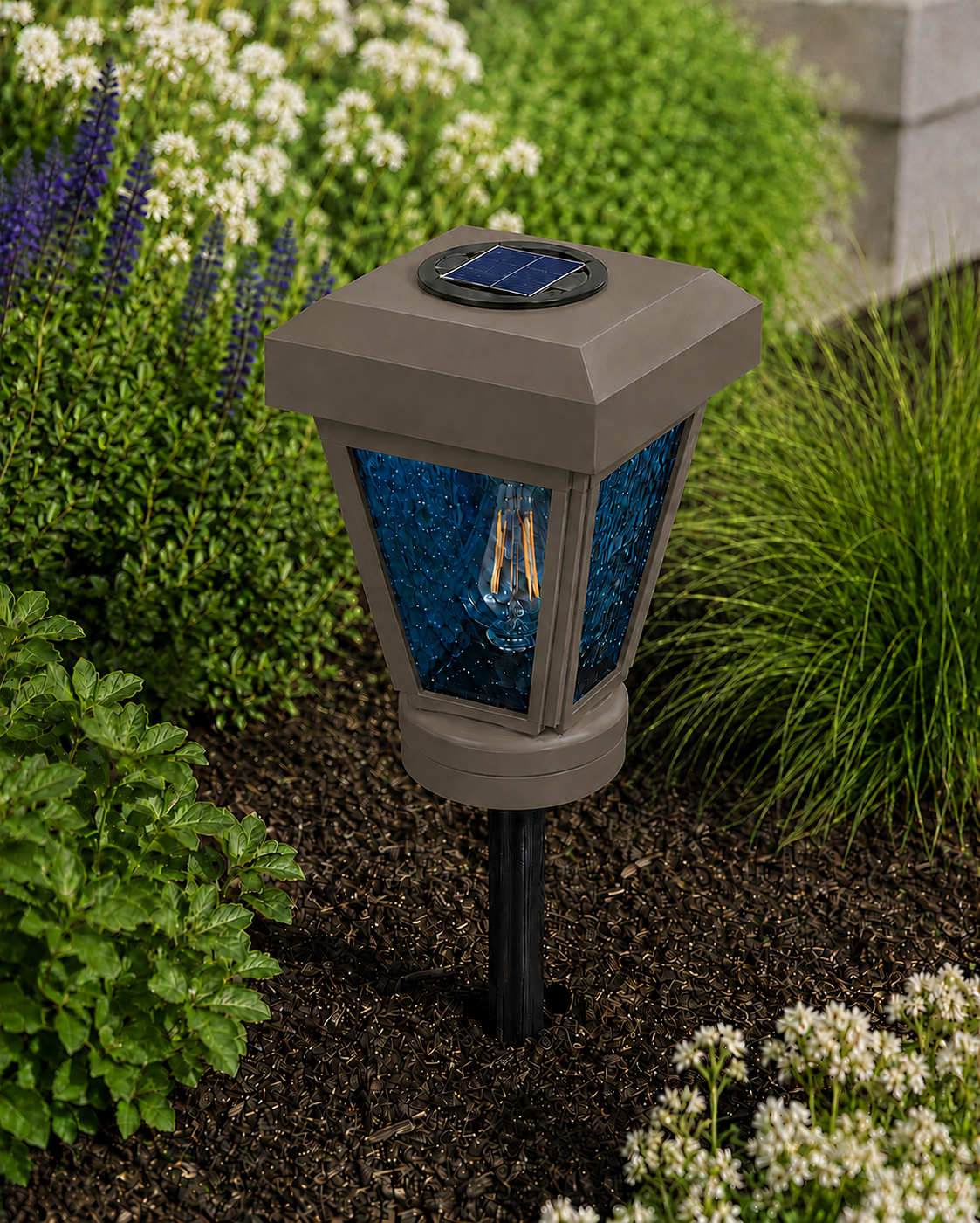 Lantern with Blue Textured Glass Small Edison Bulb Solar Landscape Light – Olive Brown