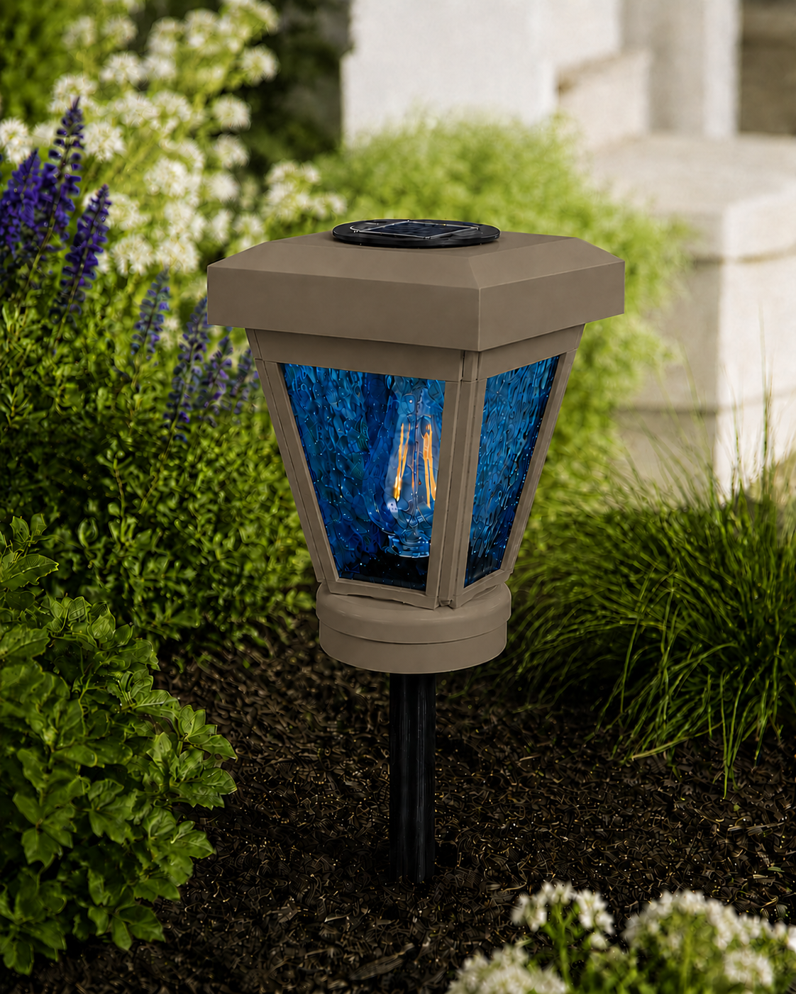 Lantern with Blue Textured Glass Small Edison Bulb Solar Landscape Light – Olive Brown