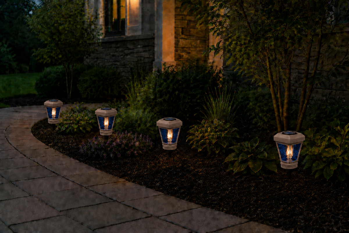 Lantern with Blue Textured Glass Small Edison Bulb Solar Landscape Light – Olive Brown