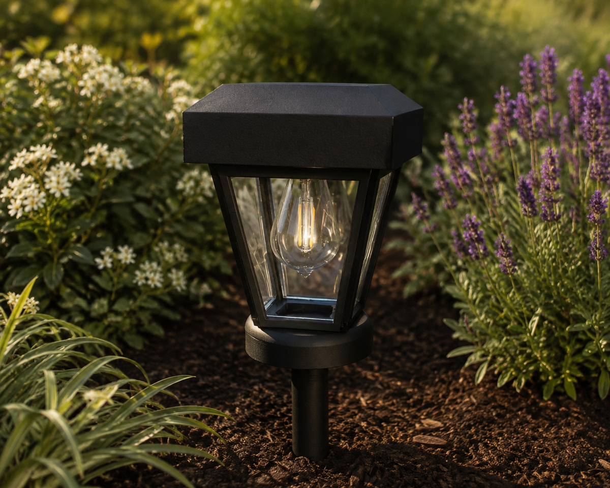 Lantern with Clear Glass Small Edison Bulb Solar Landscape Light – Black