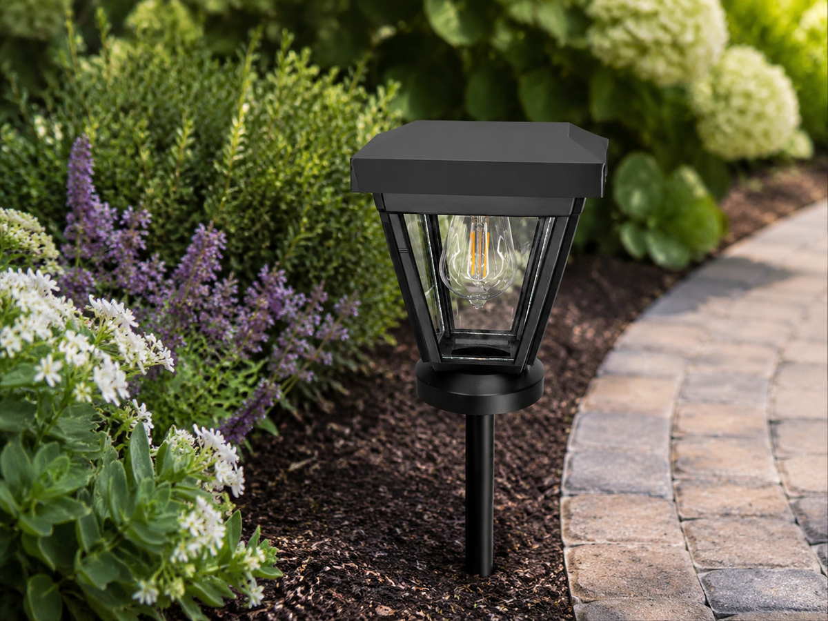 Lantern with Clear Glass Small Edison Bulb Solar Landscape Light – Black
