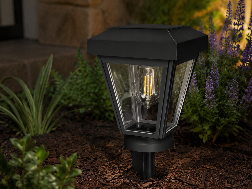 Lantern with Clear Glass Small Edison Bulb Solar Landscape Light – Black