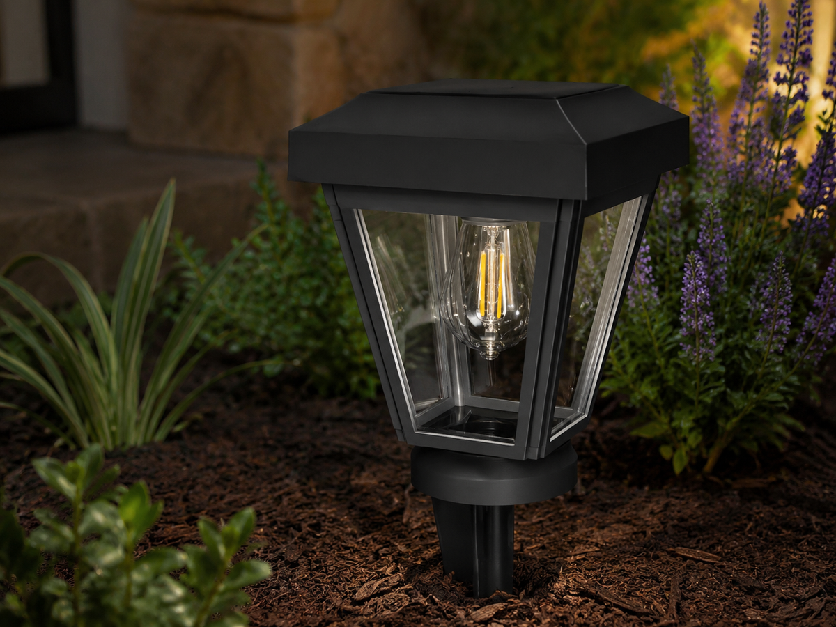 Lantern with Clear Glass Small Edison Bulb Solar Landscape Light – Black