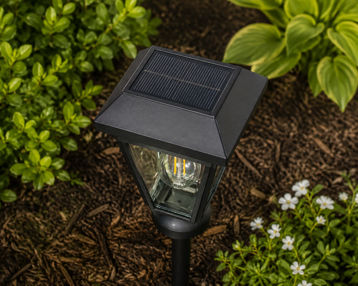 Lantern with Clear Glass Small Edison Bulb Solar Landscape Light – Black