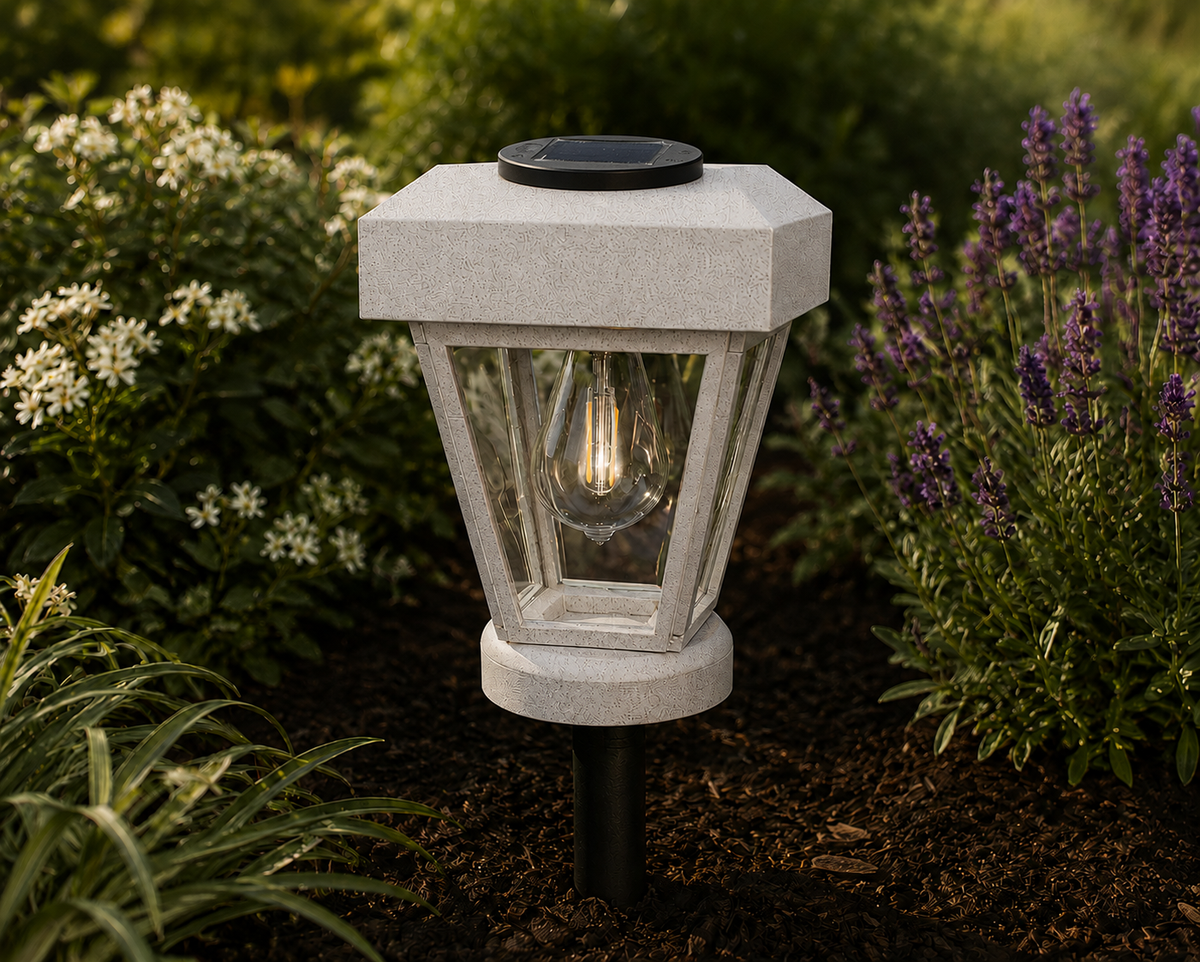 Lantern with Clear Glass Small Edison Bulb Solar Landscape Light – Marble