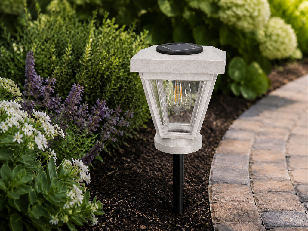 Lantern with Clear Glass Small Edison Bulb Solar Landscape Light – Marble