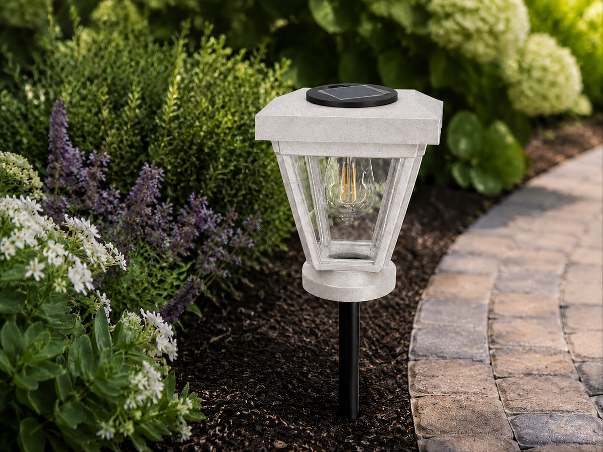 Lantern with Clear Glass Small Edison Bulb Solar Landscape Light – Marble
