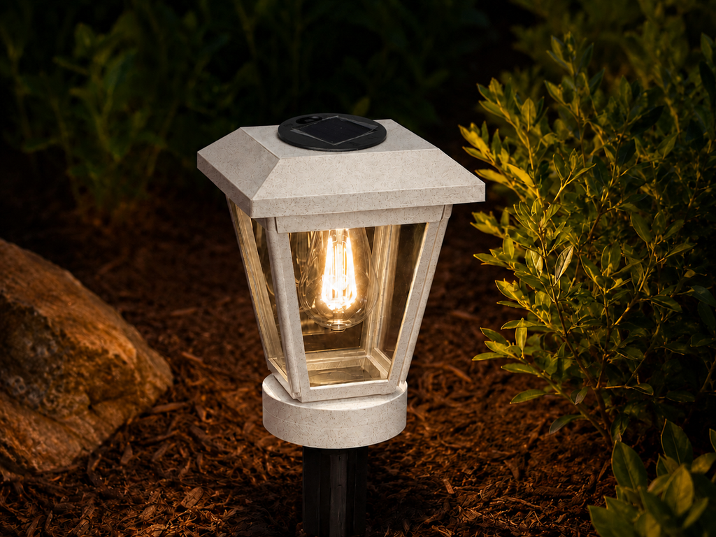 Lantern with Clear Glass Small Edison Bulb Solar Landscape Light – Marble