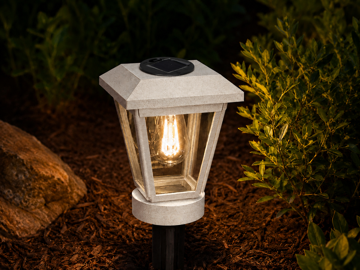Lantern with Clear Glass Small Edison Bulb Solar Landscape Light – Marble