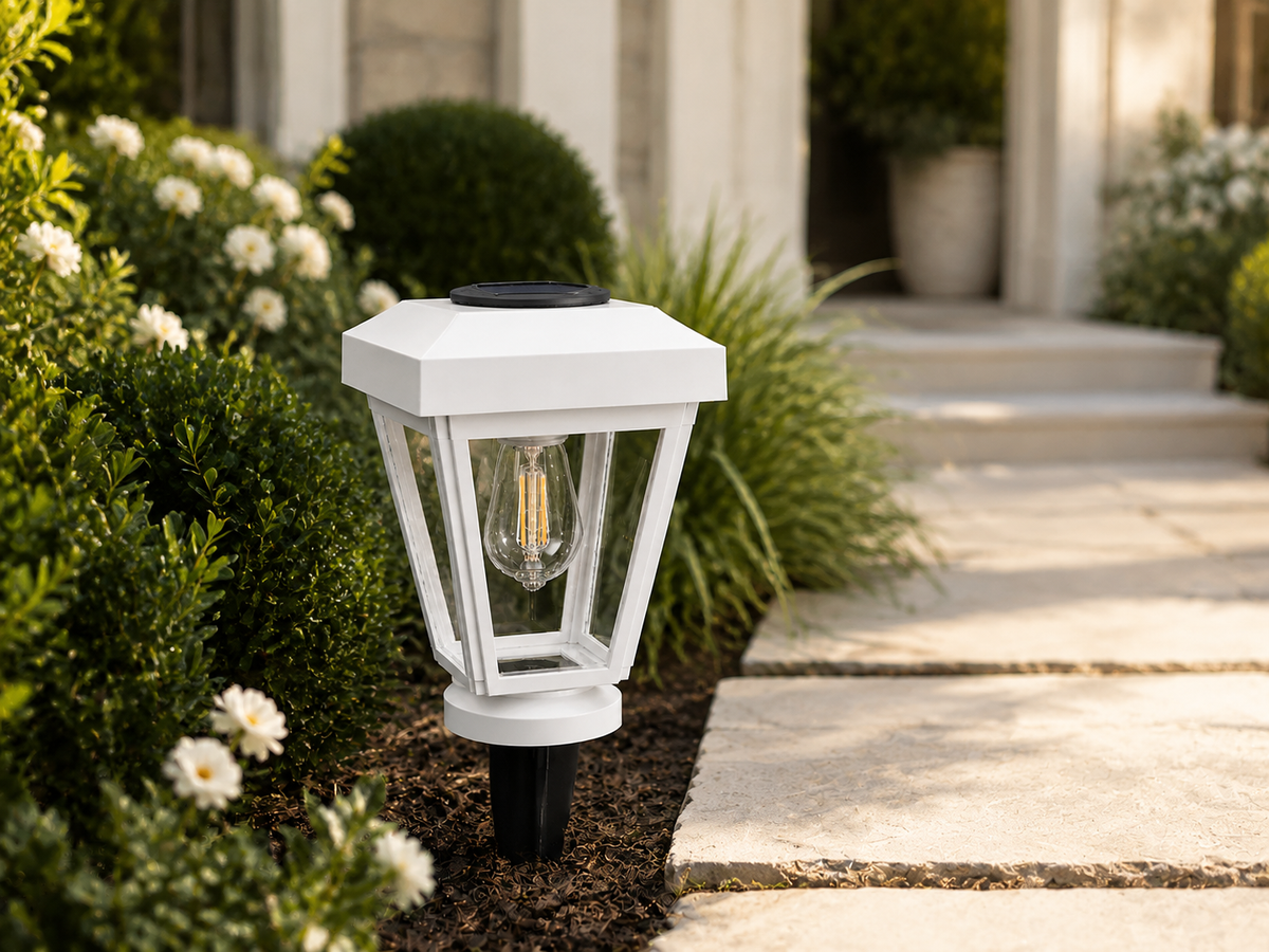 Lantern with Clear Glass Small Edison Bulb Solar Landscape Light – White