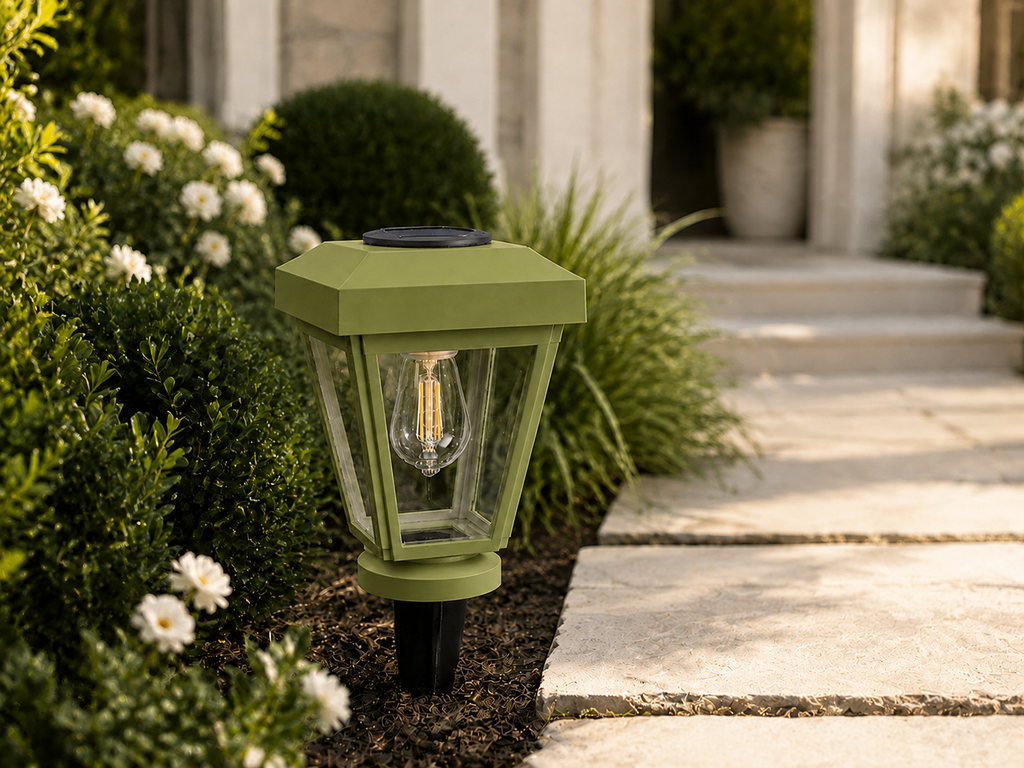 Lantern with Clear Glass Small Edison Bulb Solar Landscape Light – Natural Green