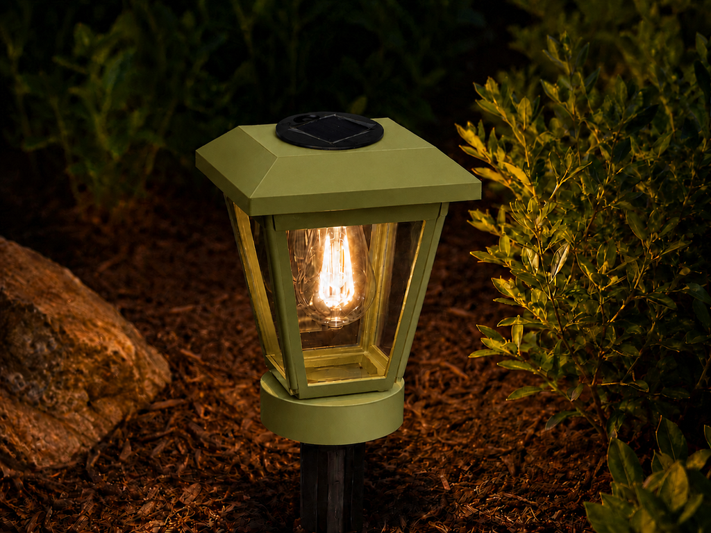 Lantern with Clear Glass Small Edison Bulb Solar Landscape Light – Natural Green