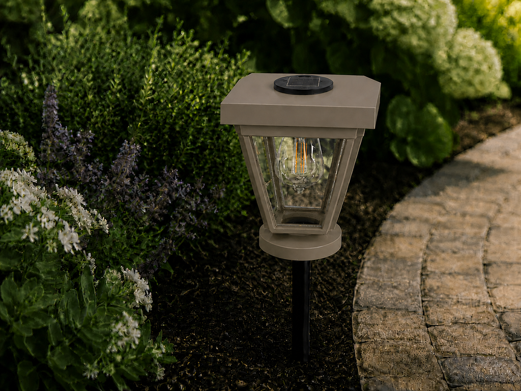 Lantern with Clear Glass Small Edison Bulb Solar Landscape Light – Olive Brown