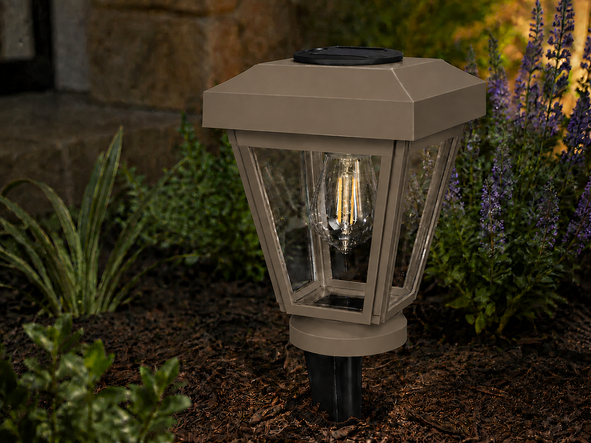 Lantern with Clear Glass Small Edison Bulb Solar Landscape Light – Olive Brown