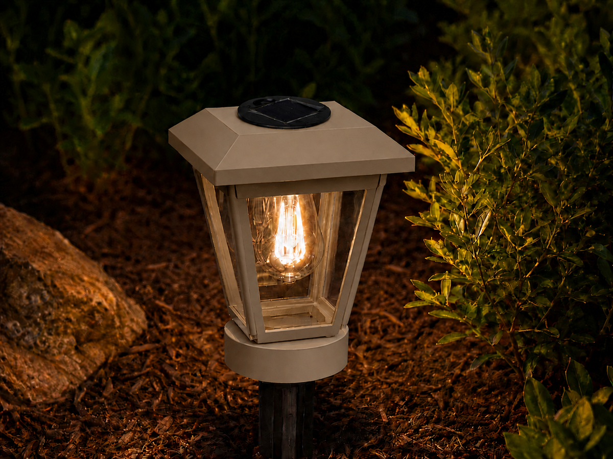 Lantern with Clear Glass Small Edison Bulb Solar Landscape Light – Olive Brown
