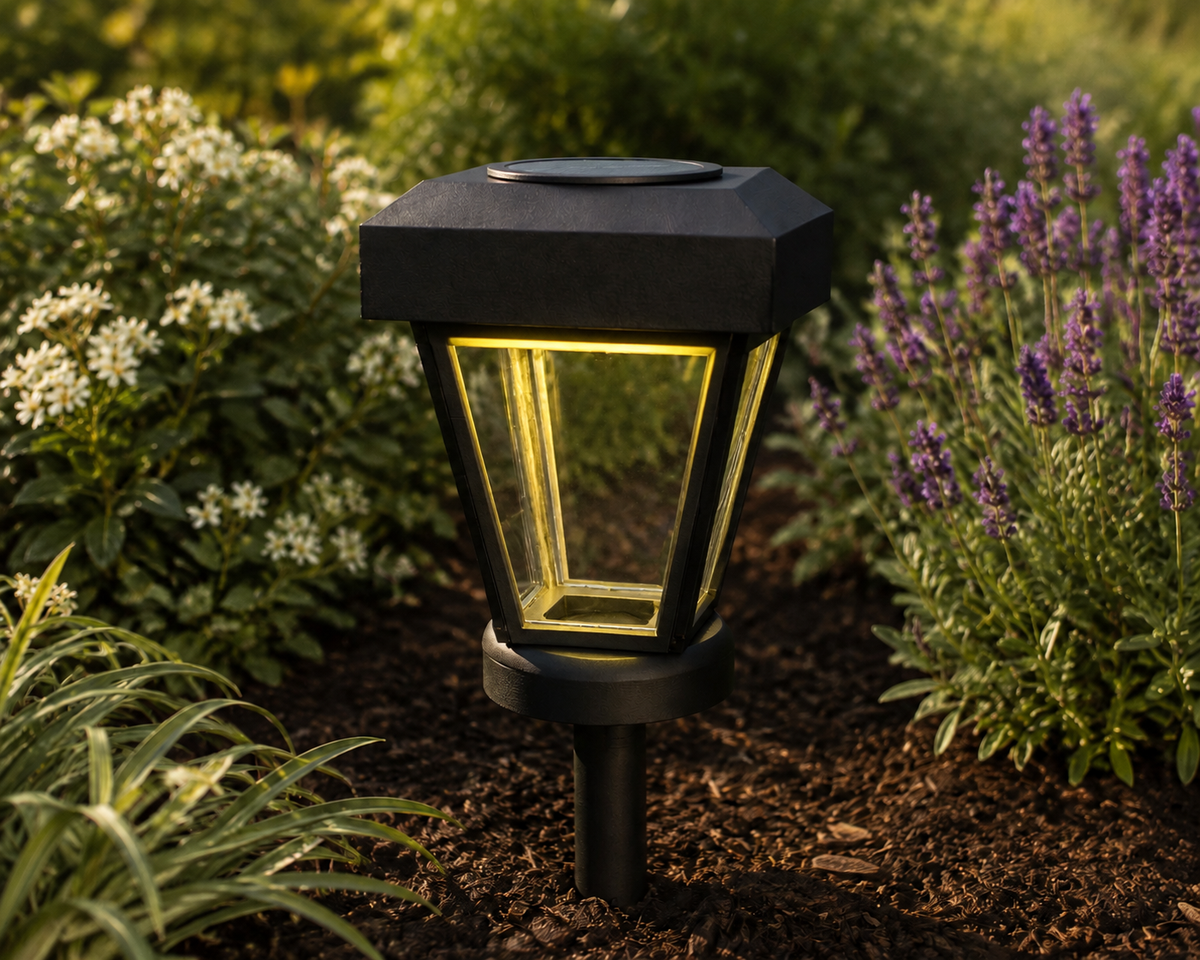 Lantern with Clear Glass LED Bulb Solar Landscape Light – Black