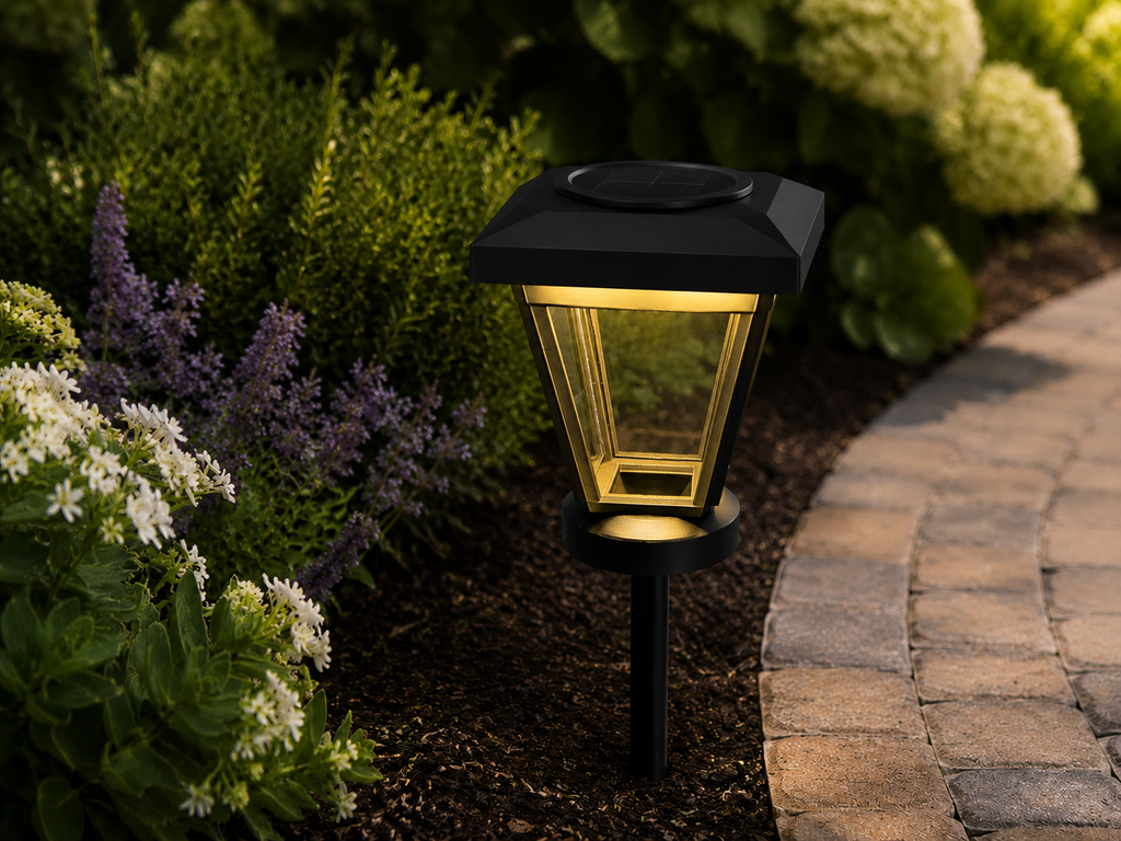 Lantern with Clear Glass LED Bulb Solar Landscape Light – Black