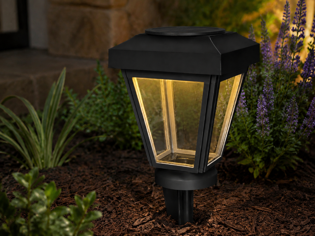 Lantern with Clear Glass LED Bulb Solar Landscape Light – Black