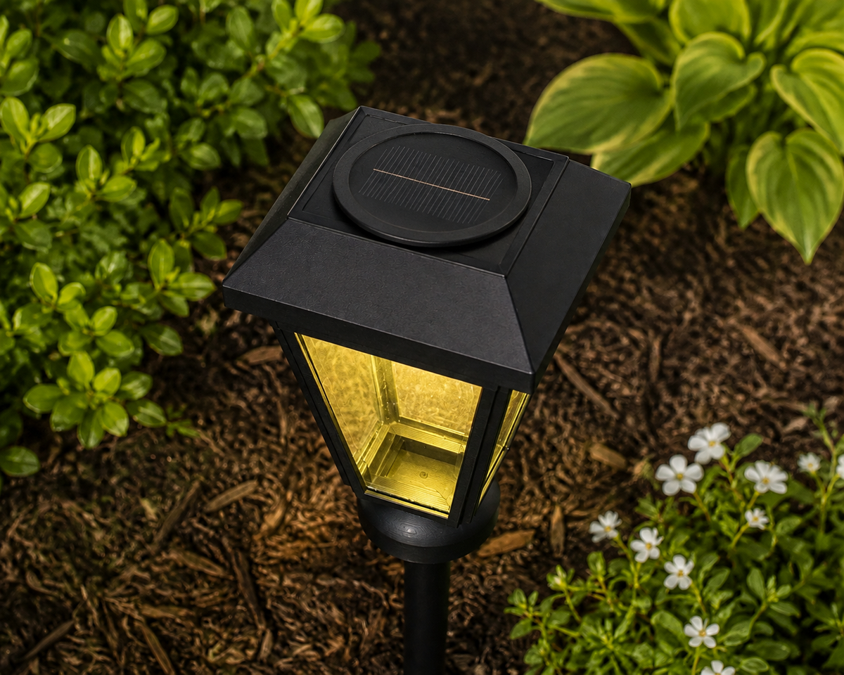 Lantern with Clear Glass LED Bulb Solar Landscape Light – Black