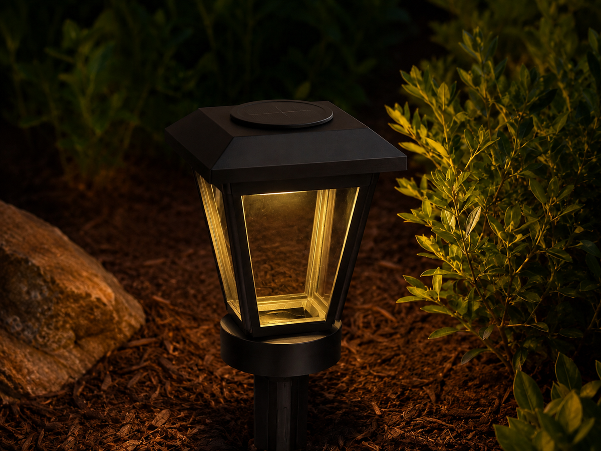 Lantern with Clear Glass LED Bulb Solar Landscape Light – Black