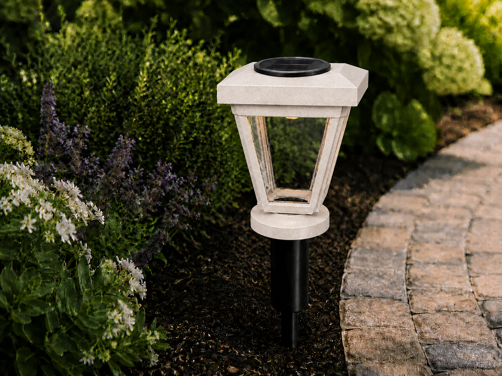 Lantern with Clear Glass LED Bulb Solar Landscape Light – Marble