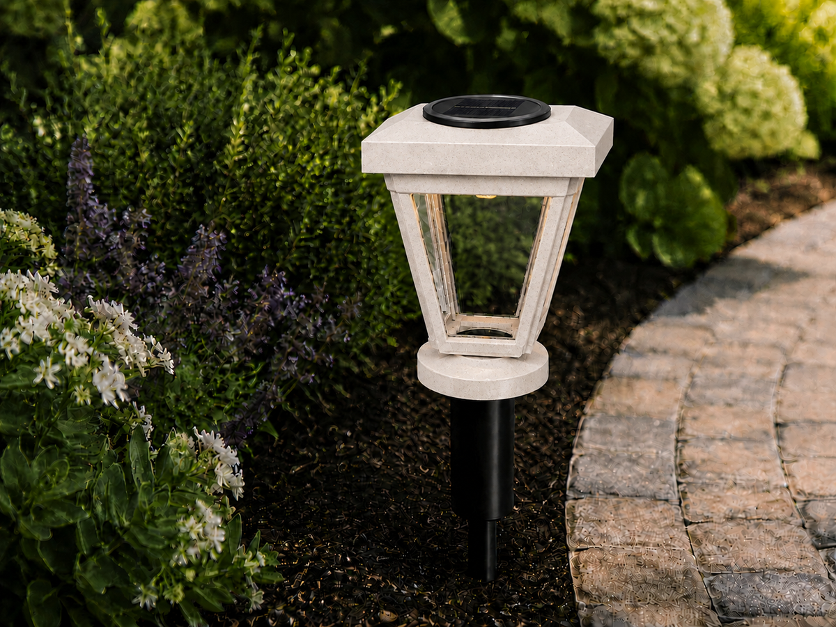 Lantern with Clear Glass LED Bulb Solar Landscape Light – Marble