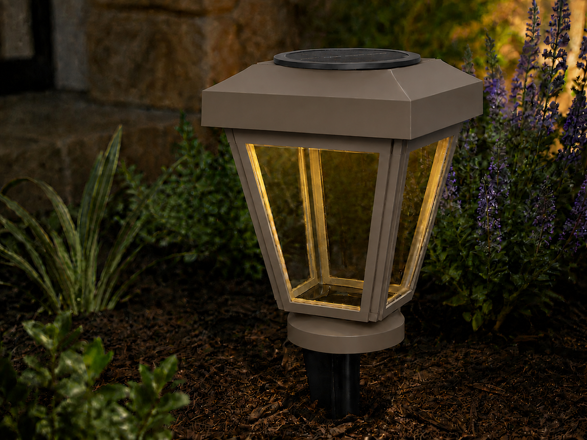 Lantern with Clear Glass LED Bulb Solar Landscape Light – Olive Brown