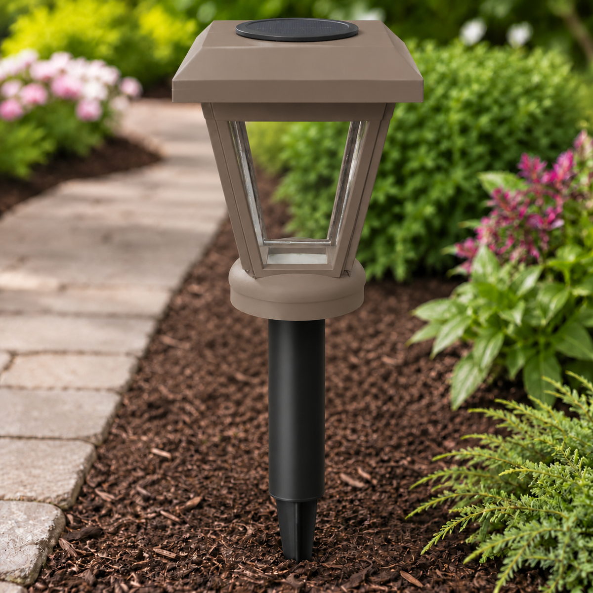 Olive Brown Lantern with 6-Inch Riser & Clear Glass LED Bulb for Landscape Lighting