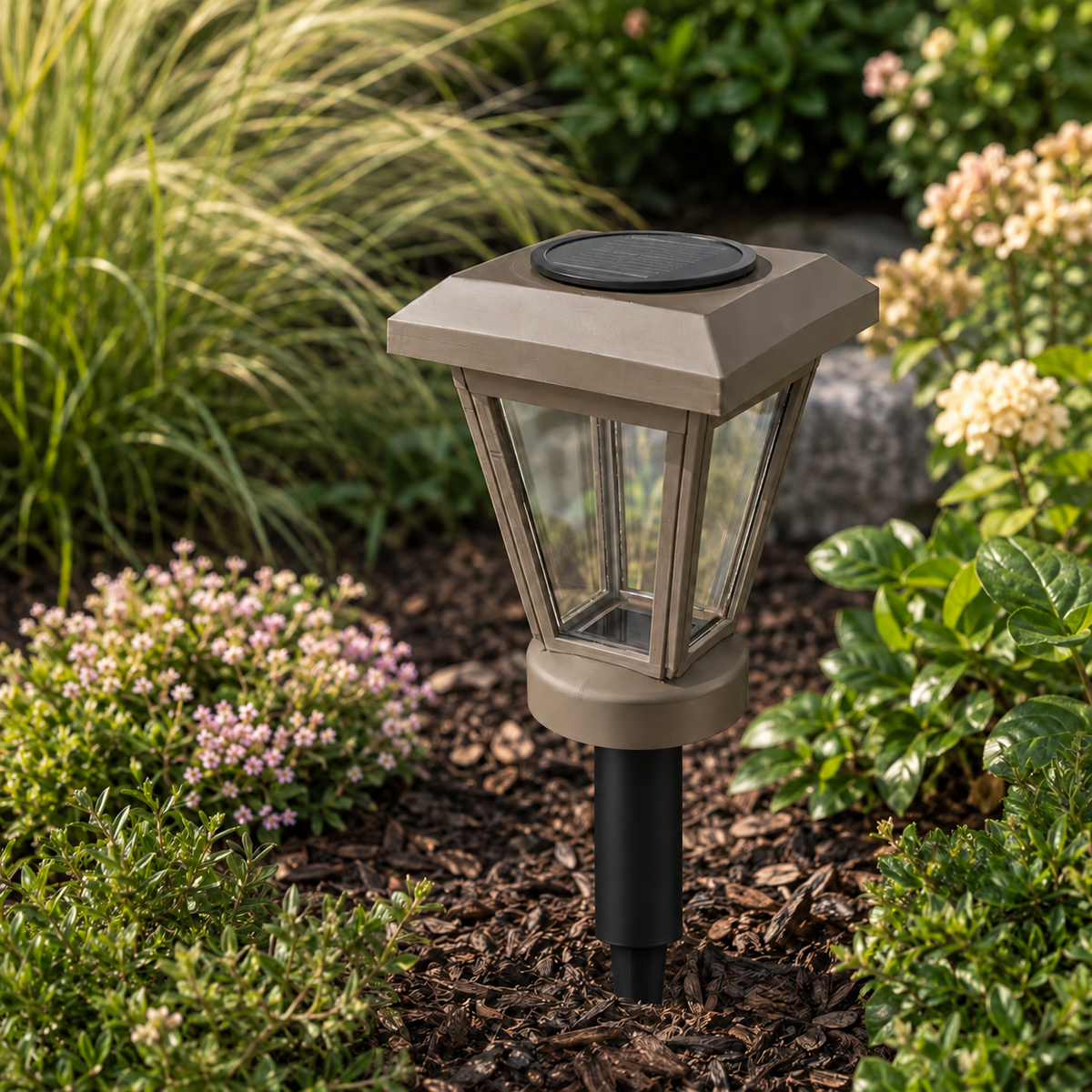 Olive Brown Lantern with 6-Inch Riser & Clear Glass LED Bulb for Landscape Lighting