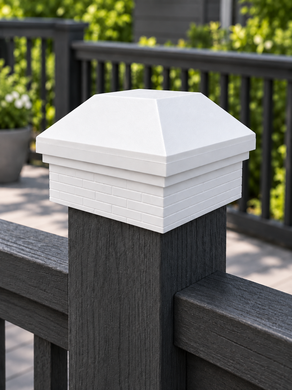 4×4 Post Cap – High Profile Roof with Brick Base – White – Fits 4.5″ Posts