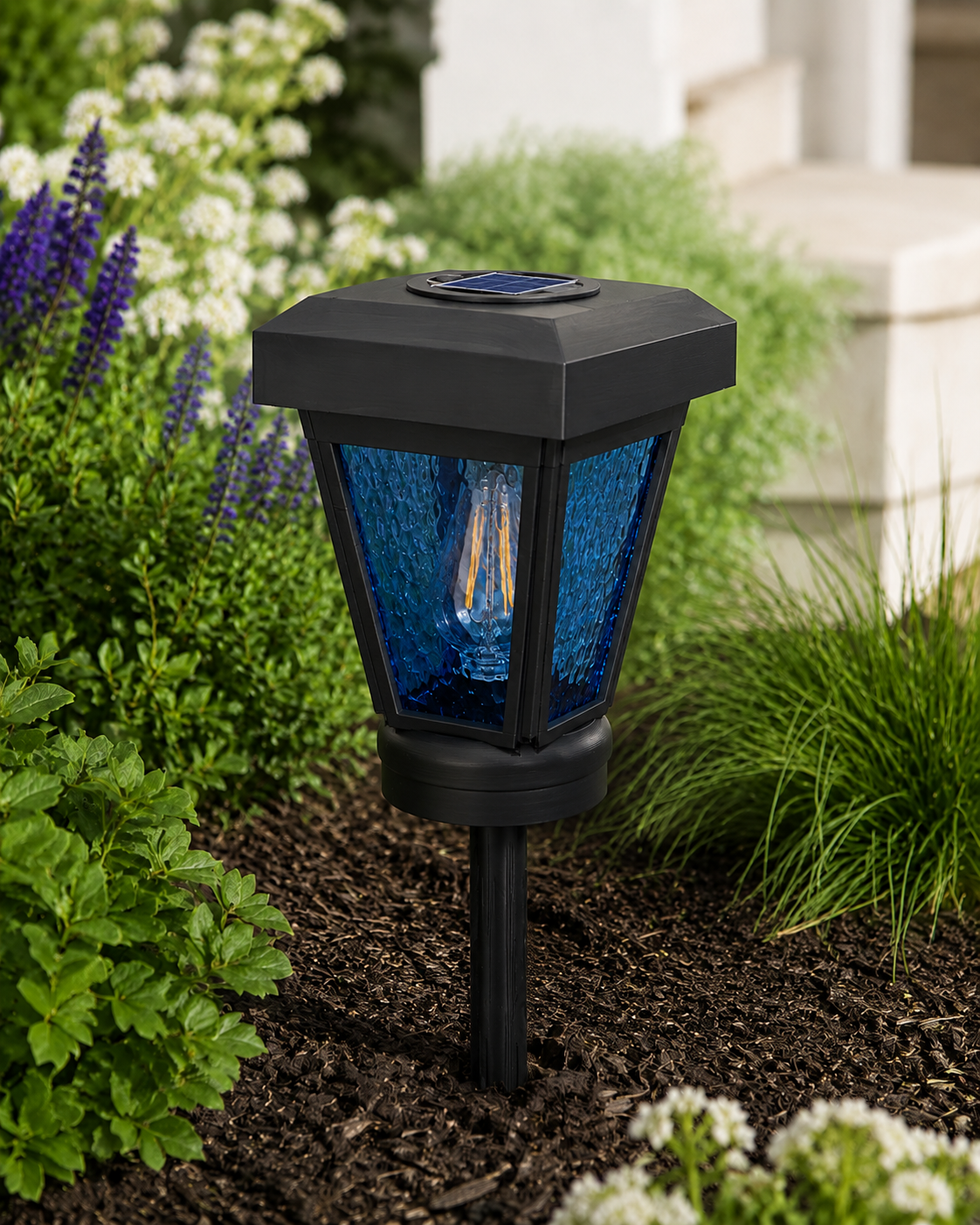 Lantern with Blue Textured Glass Small Edison Bulb Solar Landscape Light – Black