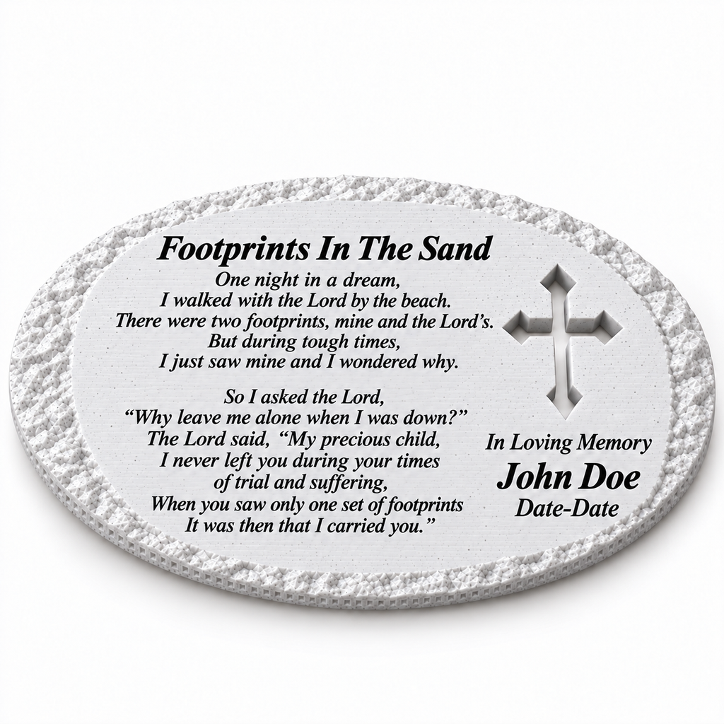 White rough oval memorial without LED, with cross and Footprints In The Sand poem