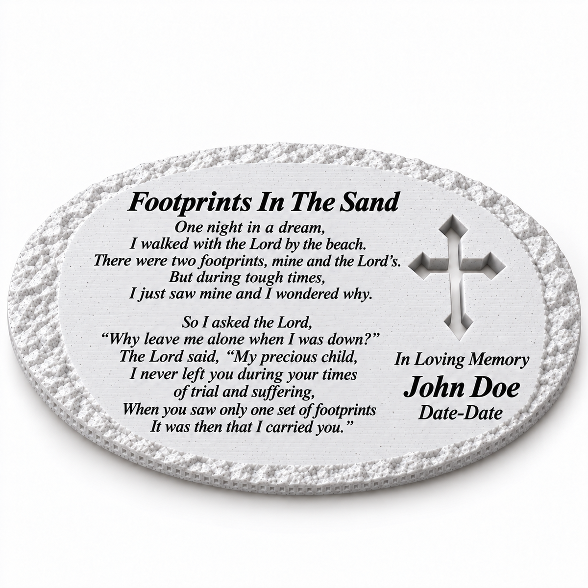 White rough oval memorial without LED, with cross and Footprints In The Sand poem
