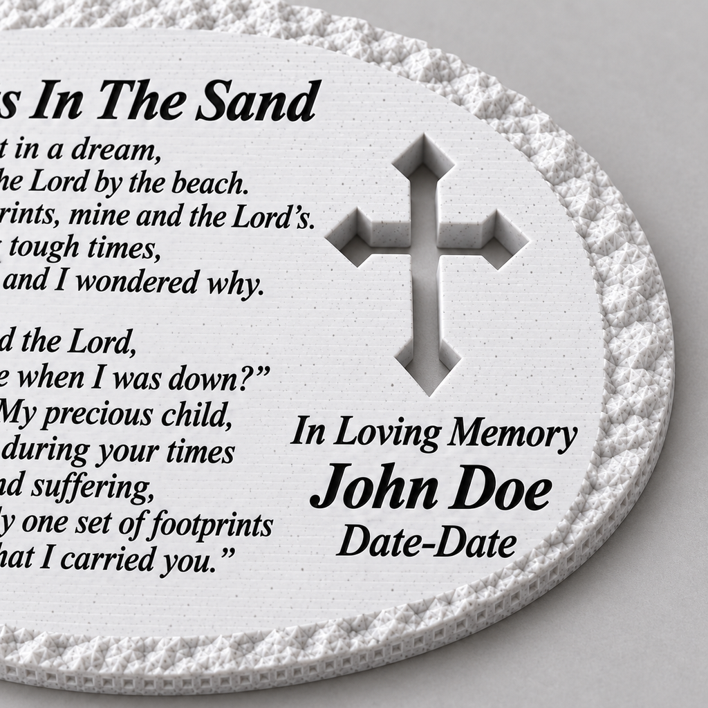 Close view of the cross, John Doe example inscription, dates and rough white oval border on FMovrf-m memorial