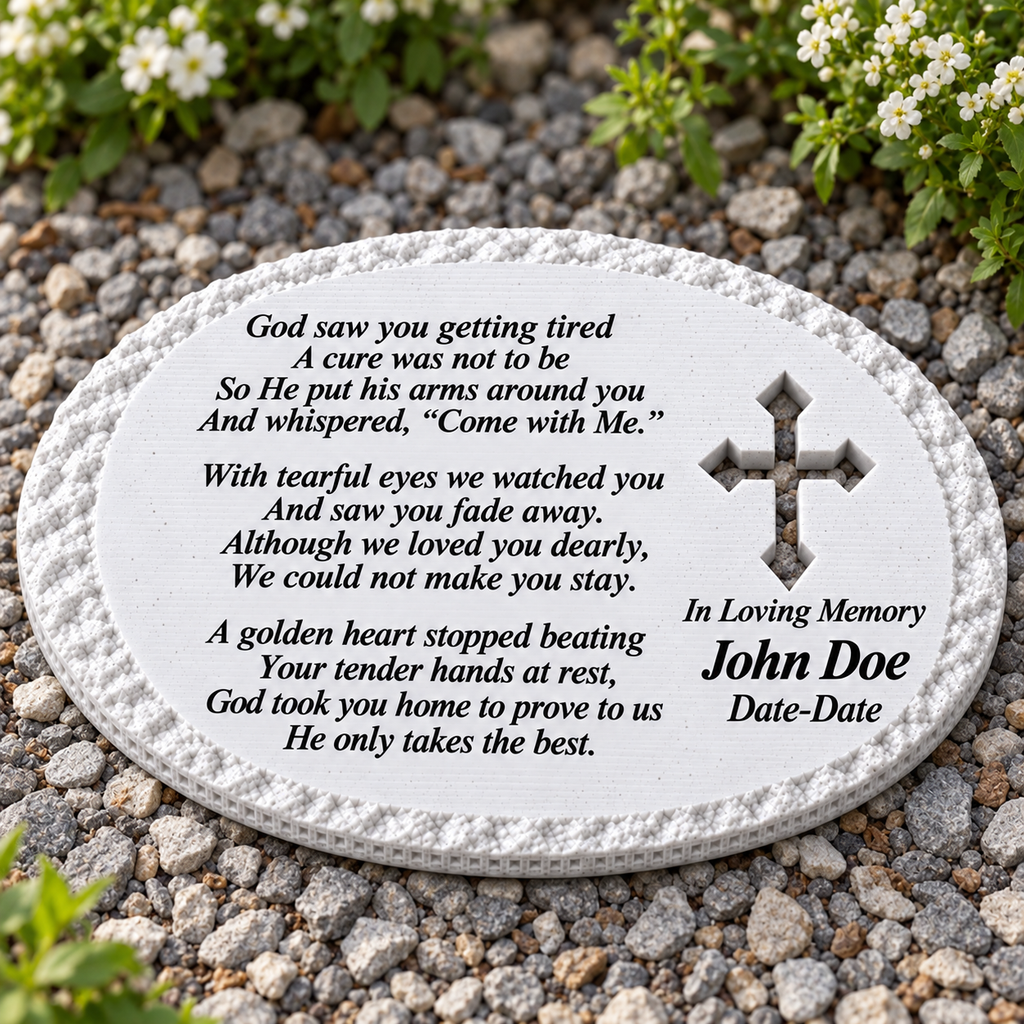 White rough oval memorial without LED, with cross and God Saw You Getting Tired poem in a garden